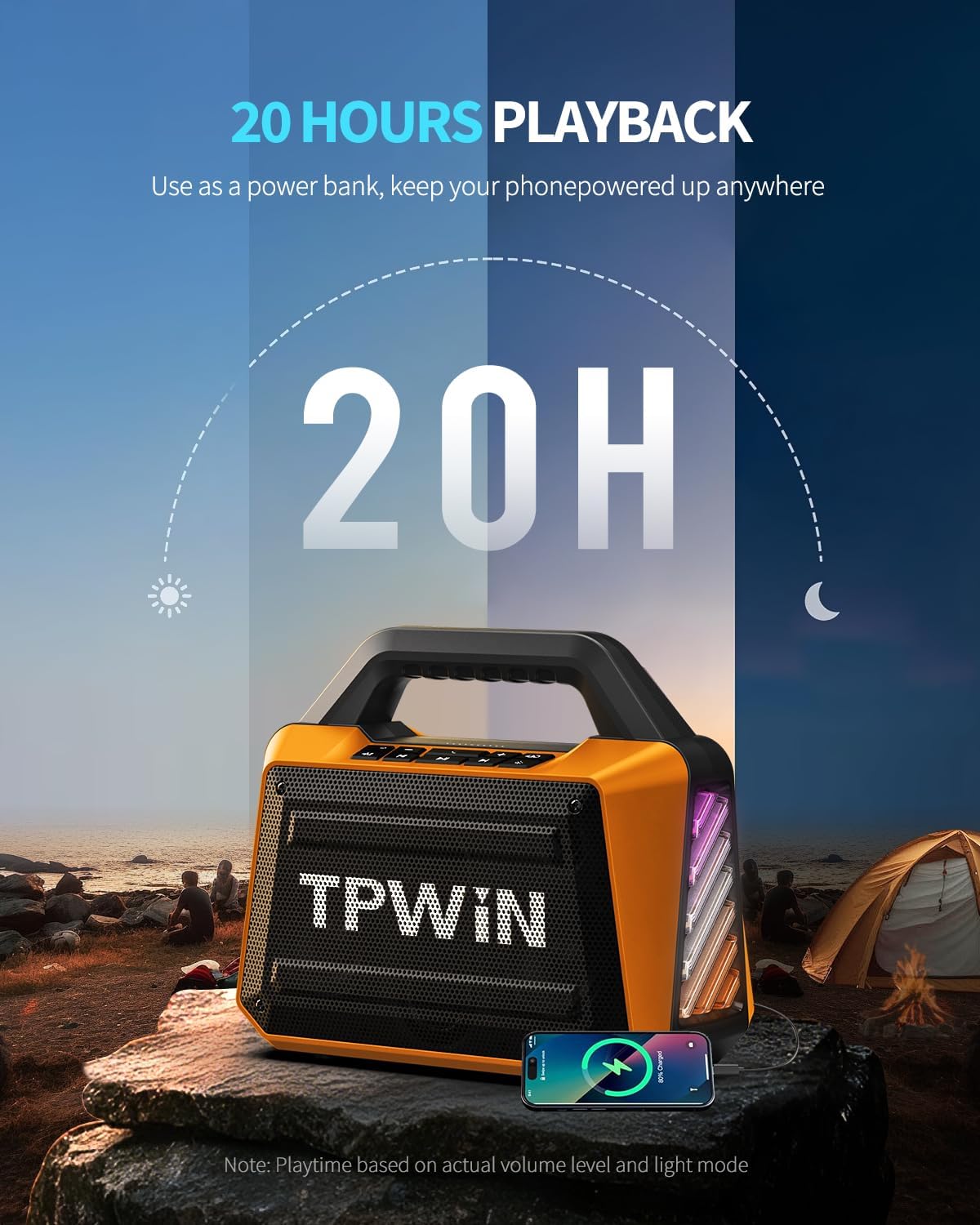 Bluetooth Speaker - 80W Loud, Rugged Outdoor Speakers, IPX6 Waterproof, 20H Playtime, Deep Bass, Lightshow, TWS, BT 5.3 Wireless, Portable for Travel Hiking Camping Beach Pool - Orange