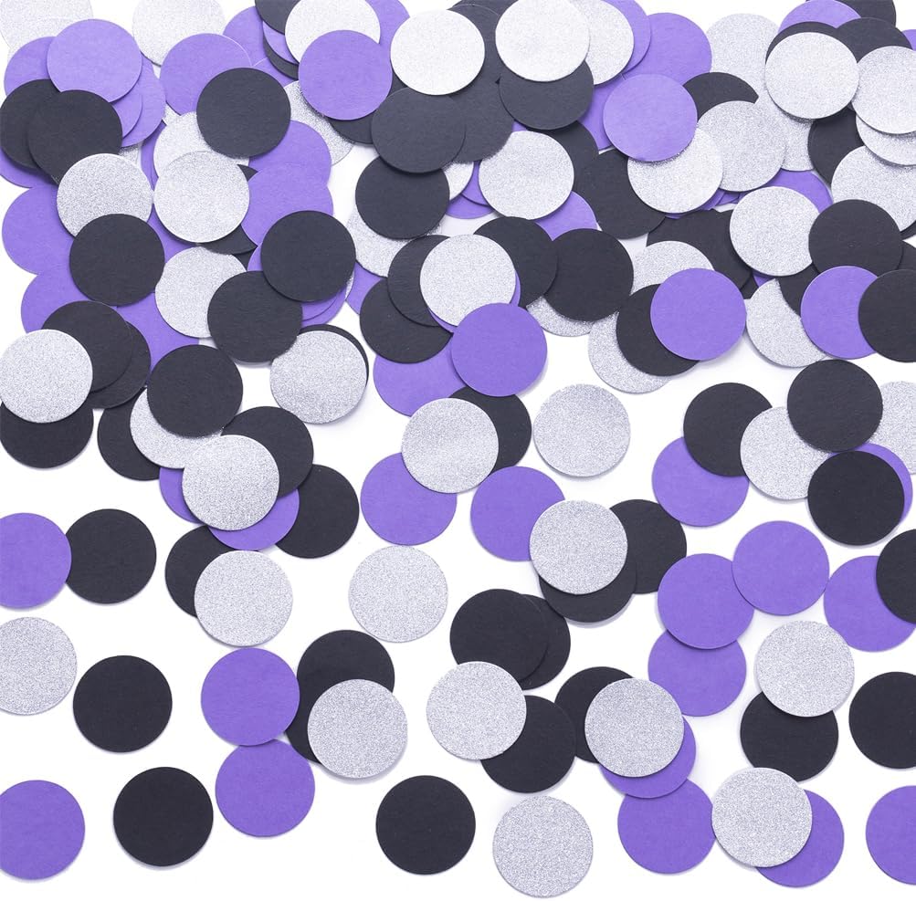 Purple Black and Silver Confetti Table Decoration for Birthday Retirement Halloween Graduation Horror Theme Party,1.2 inch in Diameter,200 Counts