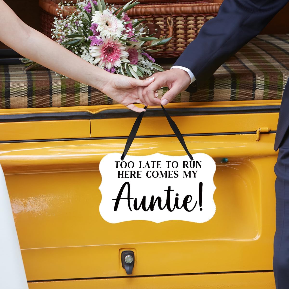 Acrylic Wedding Sign, Ring Bearer Sign, Rustic Wedding Decor Signs, Acrylic Wall Art With Ribbon for Chairs Weddings Decor and Event Party - Too Late to Run Here Comes My Auntie (White)