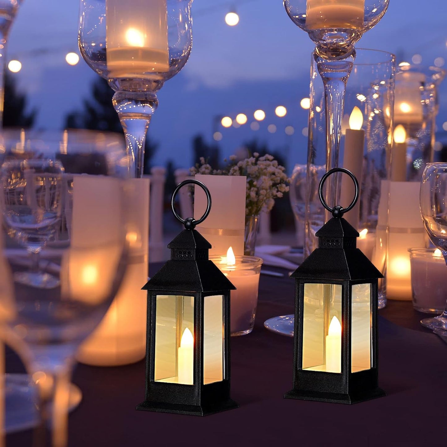 Hoolerry 24 Set Halloween Mini Lanterns with LED Candles 5.5'' Decorative Hanging Small Vintage Lantern Centerpiece Battery Powered for Wedding Table(Black)