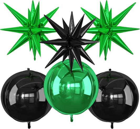 6Pcs Black Green Foil Balloons,22Inch Black Green 4D Round Ball Balloon and Explosion Star Balloon for Birthday Wedding Baby Shower Anniversary Party Decorations