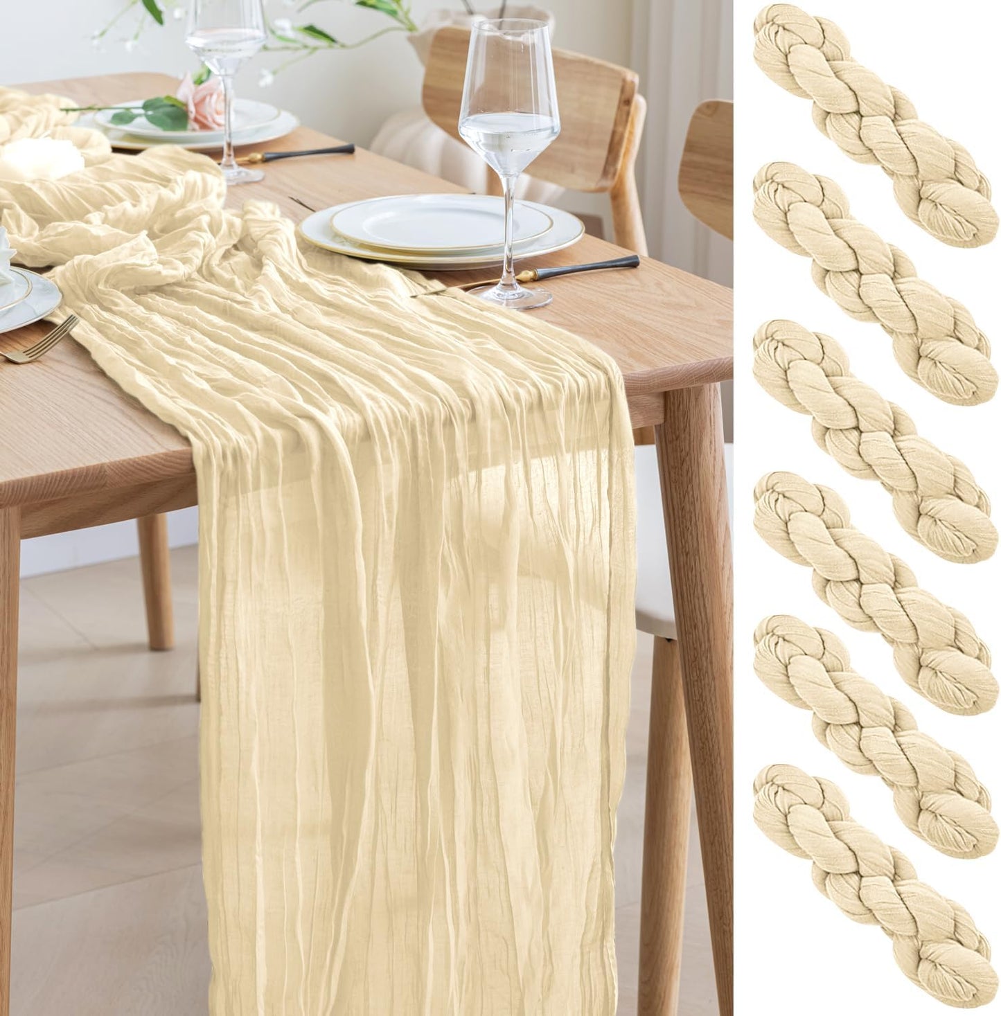 Asee'm 6pcs Cheesecloth Table Runner 120 Inches Long Beige Boho Gauze Cheese Cloth Runner 10FT Rustic Sheer Table Runners for Christmas Wedding Party Baby Shower Spring Easter Decoration