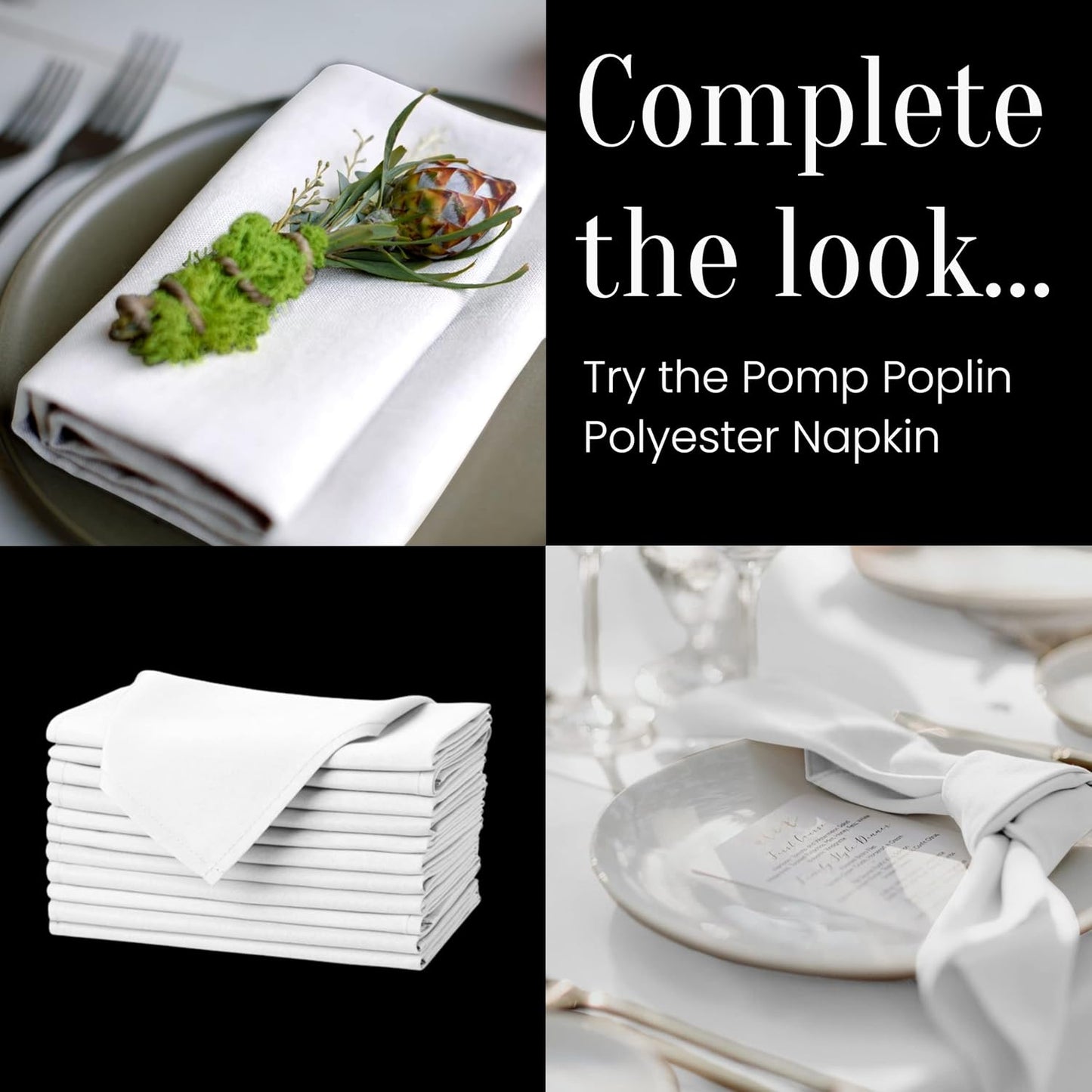 Pomp Black 70" x 70" Poplin Polyester Tablecloth (4 Pack) | Wrinkle + Stain Resistant Easy Care Premium Fabric | Fits Square or Round Table