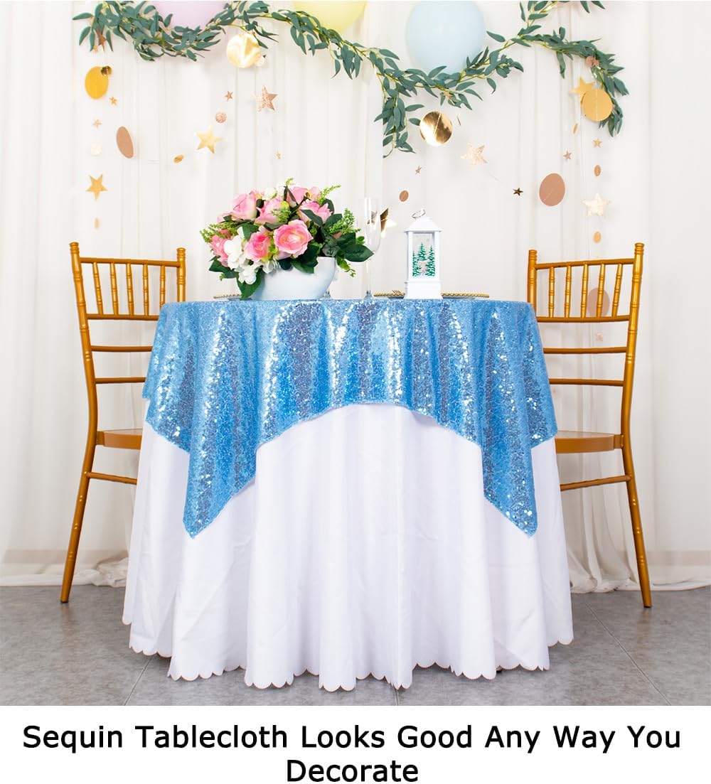 ShinyBeauty Small Tablecloth Square 36x36-Inch Baby Blue Sequin Tablecloth Glitter Table Cover Overlay Square Light Blue Wedding Table Cloths Sequin Fabric Tablecloth for Round Table Birthday Baby