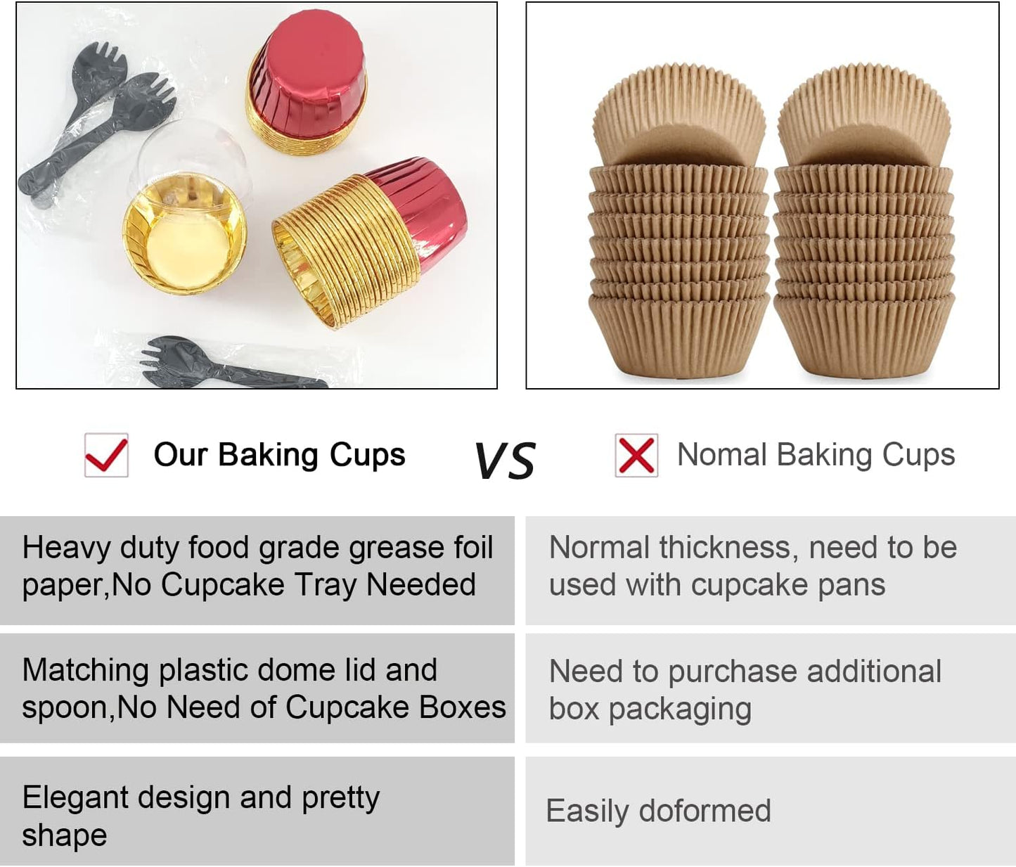 Foil Cupcake Liners with Dome Lids 100Pack,Free-Air 3.5Oz Cups for Baking,Disposable Ramekins Muffin Tins Cupcake Wrappers, with Spoons-Red in gold