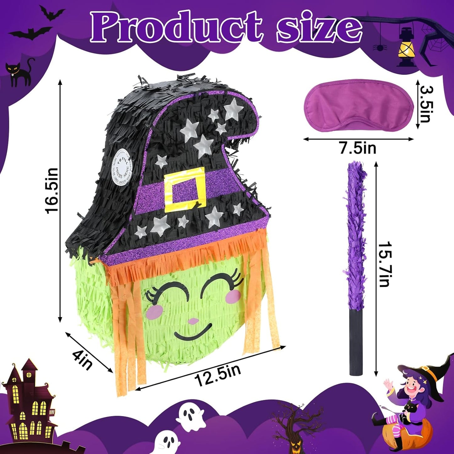 Halloween Witch Pinatas Bundle with a Blindfold and Bat (16.5x12.5x4 Inches), Wizarding Theme Birthday Party