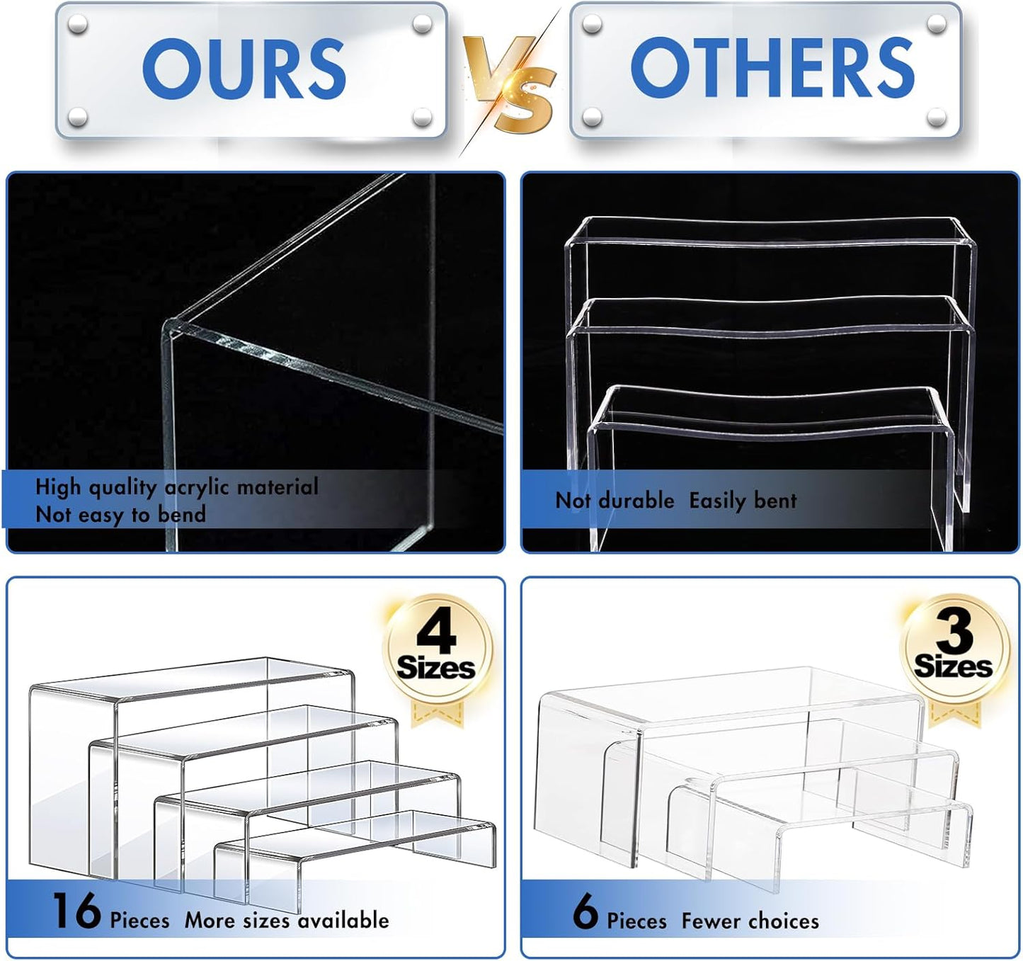 Aheroi Display Risers, 16 Pcs 4 Set(7”L~8”L~9”L) Acrylic Riser Display Shelf, Clear Risers Display Stands, Rectangular Acrylic Risers for Decor Display, Cupcake Candy Shoe Showcase Stands