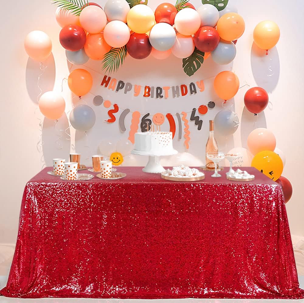QueenDream Red Sequin Tablecloth 90x132 Inch Red Glitter Table Cloth for Birthday Bridal Shower Party Christmas