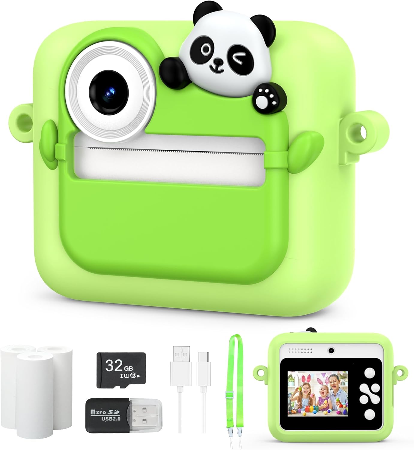 Kids Camera Instant Photo Printing,HD Digital Video Dual Cameras with Panda Silicone Case,Kids Digital Camera That Print Photos Easter Birthday Gift for Boys and Girls with 32GB SD&3 Rolls Print Paper