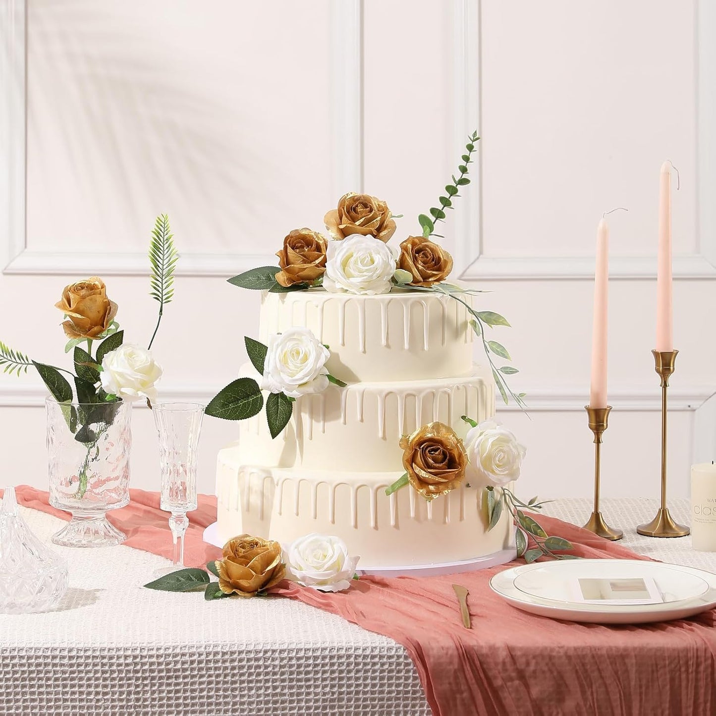 Tifuly Gold Roses Artificial Flowers -12Pcs Realistic Single Long Stem Fake Silk Roses Bouquet for Party Home Wedding Centerpiece Hotel Office Decor