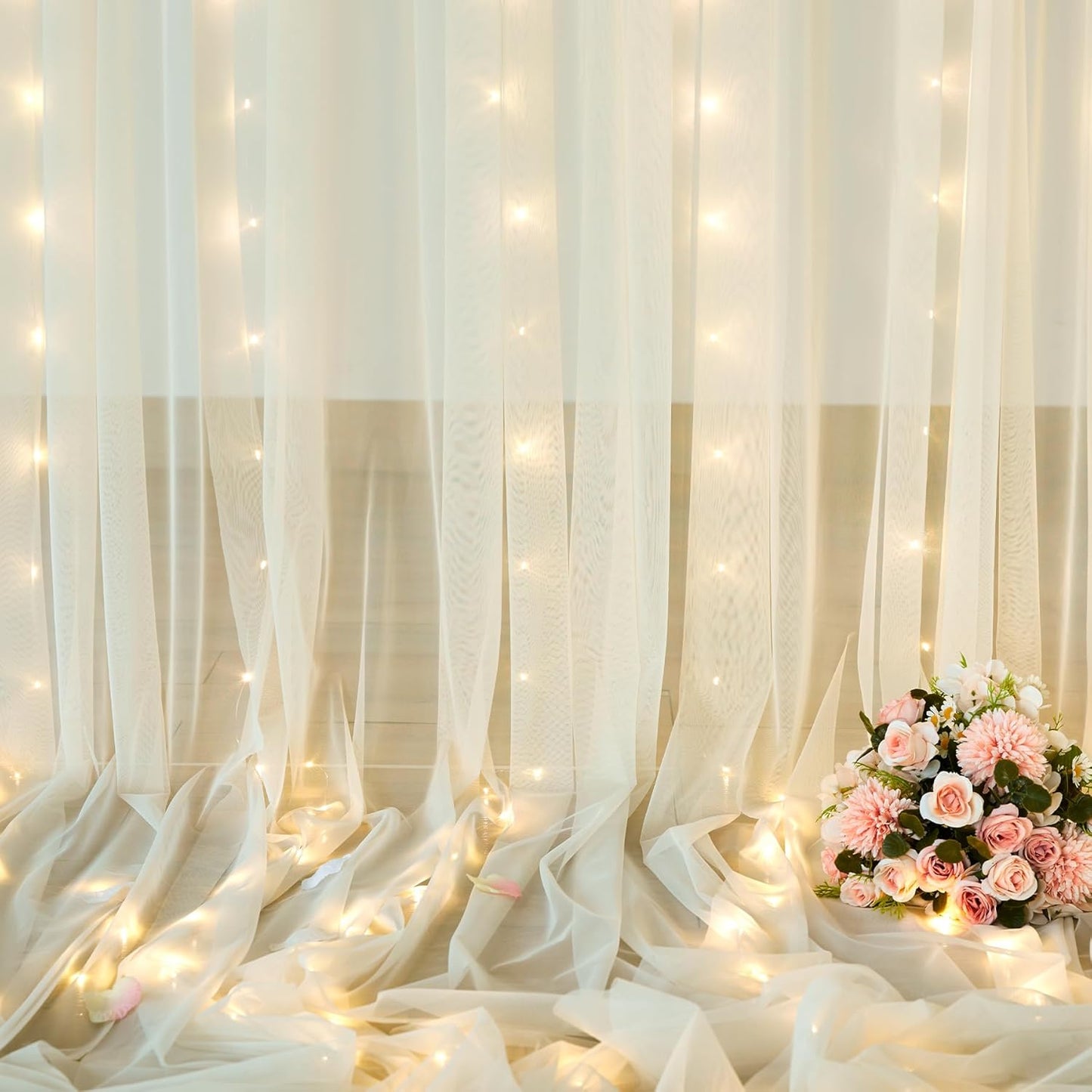 Ivory Tulle Backdrop Curtains with Lights String for Parites Wedding 10×10ft Sheer Backdrop Curtains for Baby Shower Birthday Party Photo Shoot Background Decorations