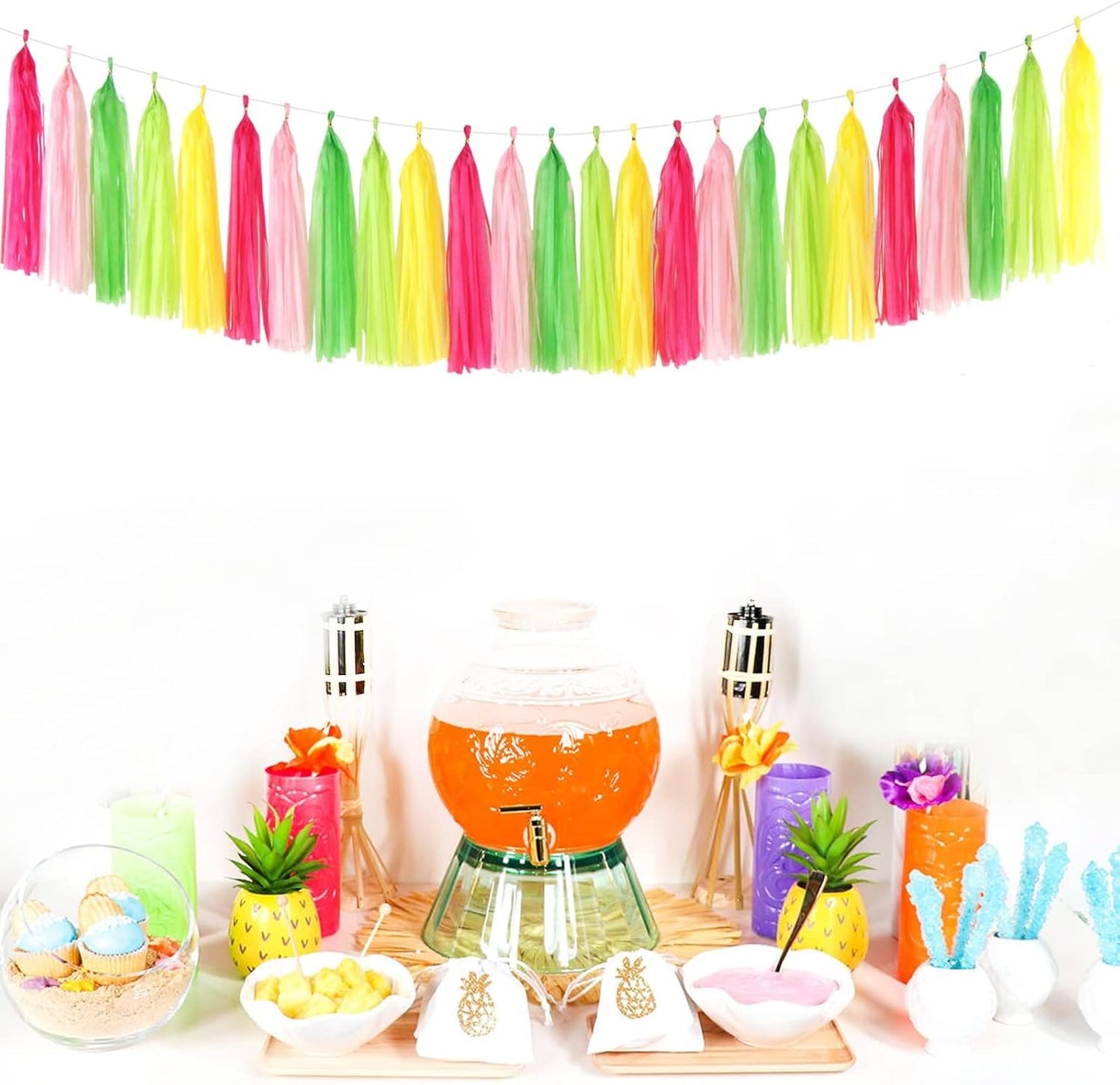 Hawaiian-Themed Pool Party-Decorations Tassel Garland - 25pcs Tropical Jungle Aloha Birthday Streamers,Pink Rose Yellow Green Summer Beach Baby Shower Tassels Banner Backdrop Decor Panduola
