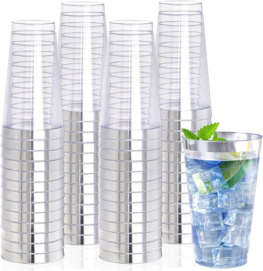 I00000 16 oz Silver Plastic Cups, 50 Pack Clear Plastic Cups,Silver Rimmed Disposable Cup, Heavy-duty Disposable Tumblers Perfect for Party, Holiday, Wedding & Birthday