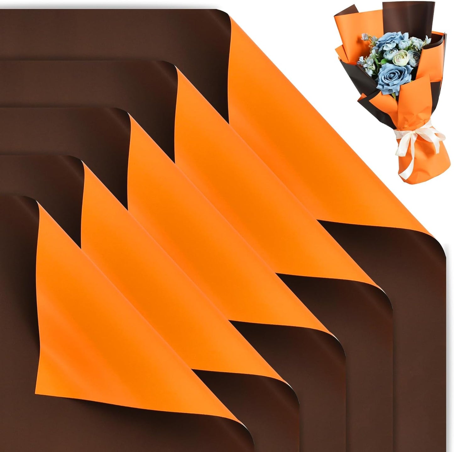 BEISHIDA 20Pcs Orange and Brown Double Sided Floral Wrapping Paper Matte Waterproof Flower Bouquet Wrapping Paper for Floral Wrap Florist Packing Supplies Birthday Valentine's Christmas Gift Wrapping