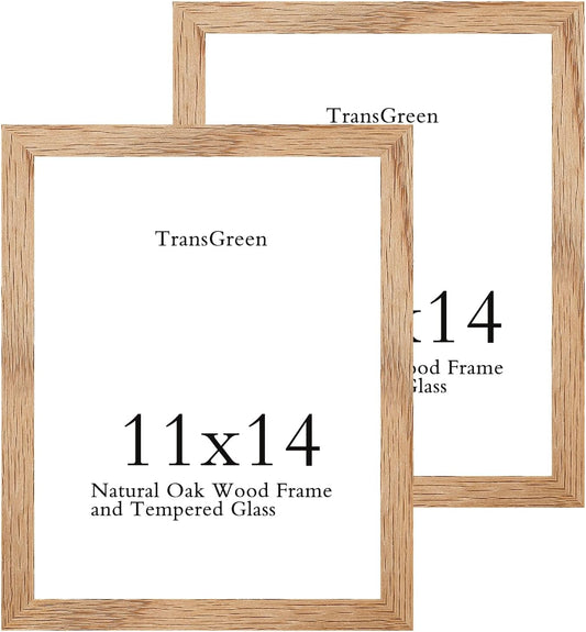 11x14 Picture Frames Natural Solid Oak Wood with Tempered Glass, 2 Pack Photo Frames with 8x10 Mat for Wall Mounting Display, for Photos, Art, Prints(Oak)