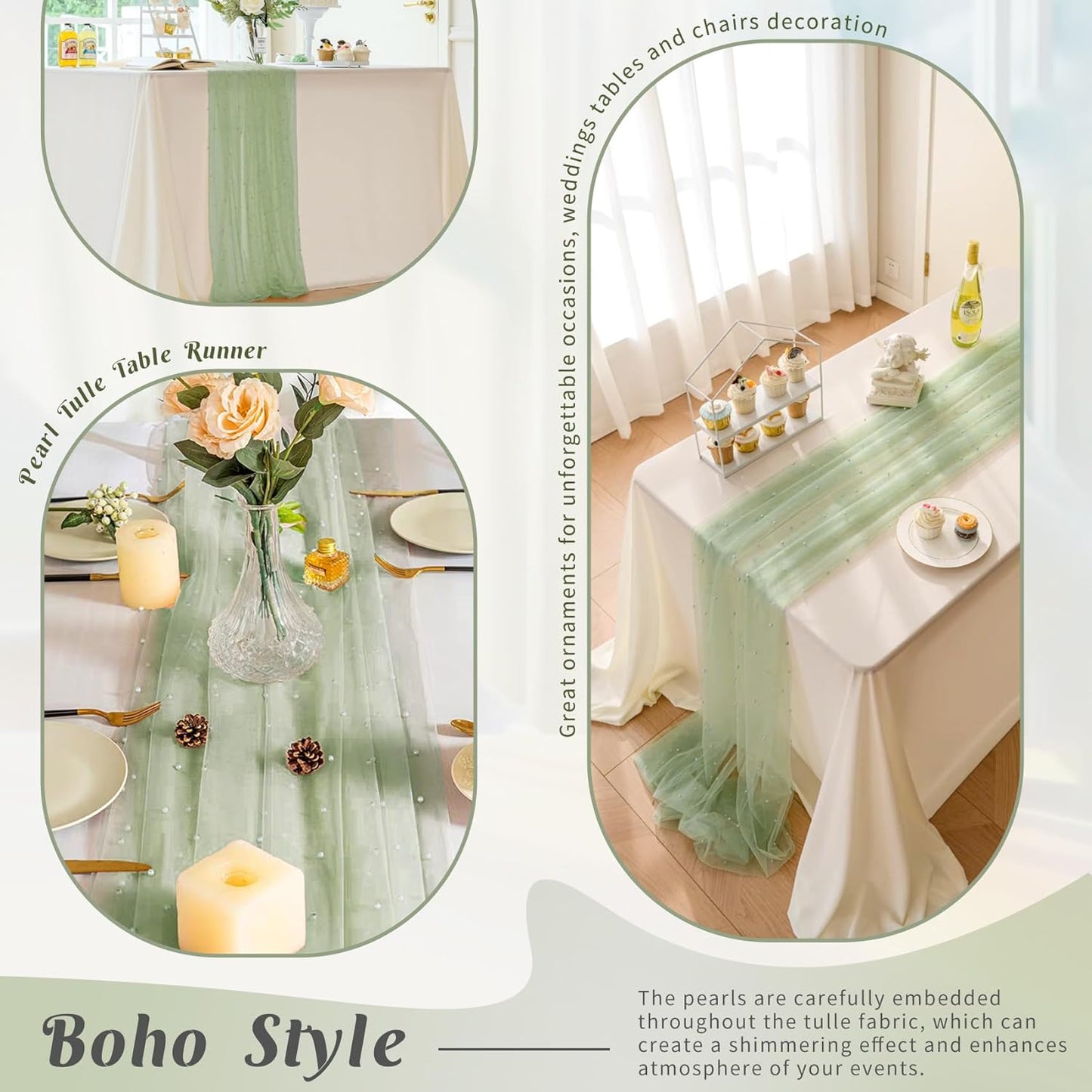 Pearl Table Runner 29 x 120 Inch Tulle Fabric Lace Table Runners Boho Rustic Tablecloth for Bridal Shower Birthday Party Wedding Arch Aisle Veil Dessert Table Decor(1 Pack, Sage Green)