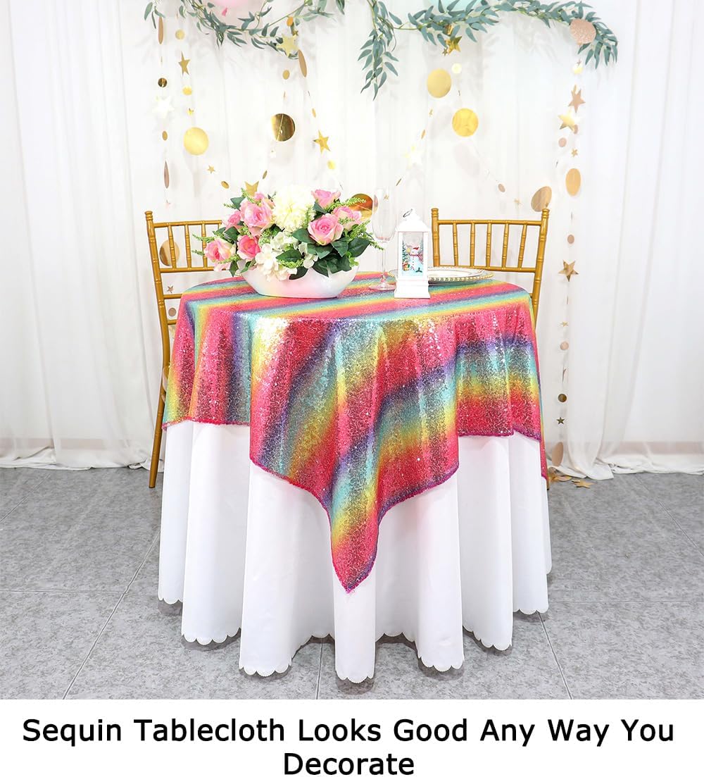 ShinyBeauty 36x36 Inch Rainbow Sequin Tablecloth - Sparkling Glitter Square Table Cover for Wedding Baby Shower Birthday Party Decor, Polyester Multicolor Iridescent Fabric Events & Celebrations