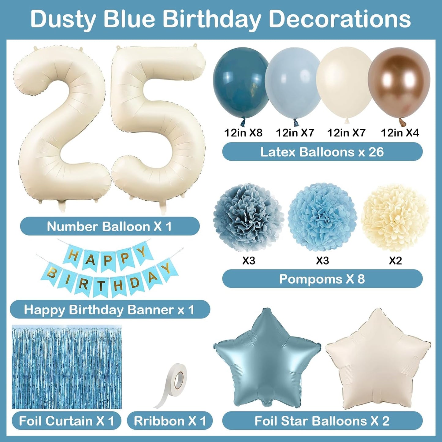 Dusty Blue 25th Birthday Party Decorations for Her Him Beige Cream Number 25 Balloon with Blue Gold Happy Birthday Banner Fringe Curtain Paper Pom Poms Nude White Sand Champagne Star Foil Balloons