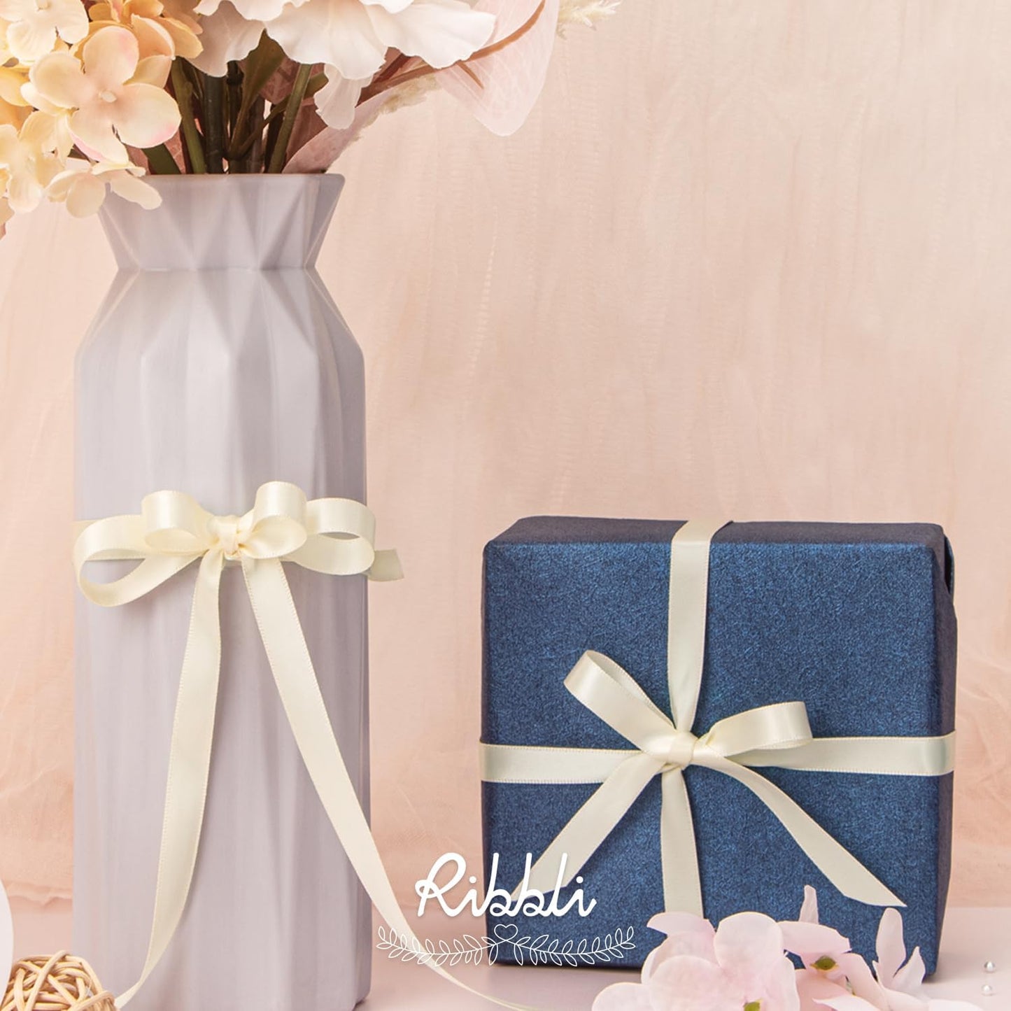 Ribbli Double Faced Ivory Satin Ribbon,3/8” x Continuous 25 Yards,Use for Bows Bouquet,Gift Wrapping,Floral Arrangement