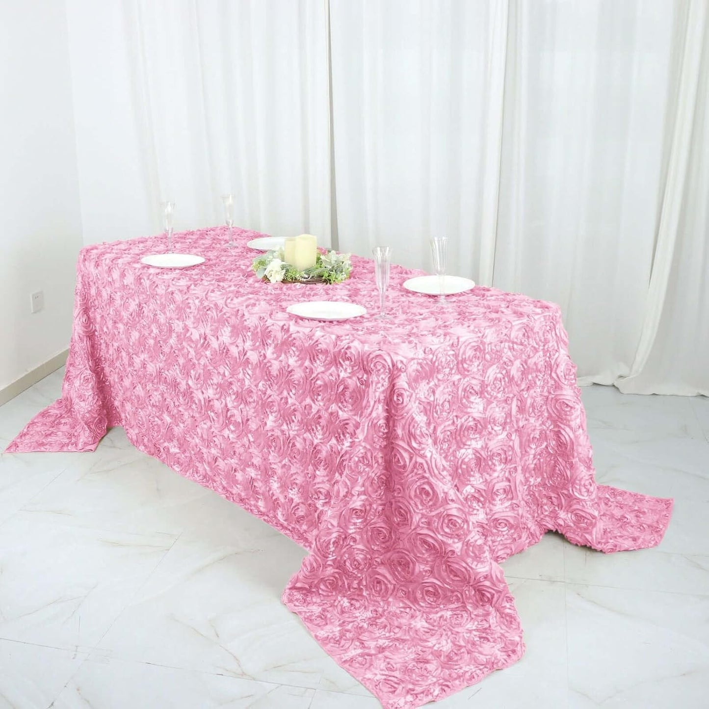 Efavormart 90"x132" Wholesale Rectangle Table Cover Pink Grandiose Rosette 3D Satin Tablecloth for Wedding Party Event Decoration