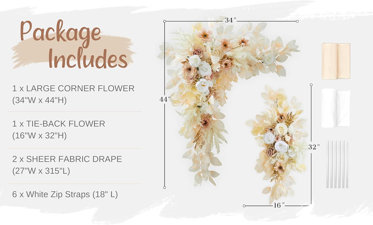 Wedding Arch Flowers with Drapes Kit (Pack of 4) - 2pcs Artificial Beige Deluxe Swag with 2pcs Sheer Drapes for Wedding Ceremony Arbor Reception Backdrop Rose Floral Decoration