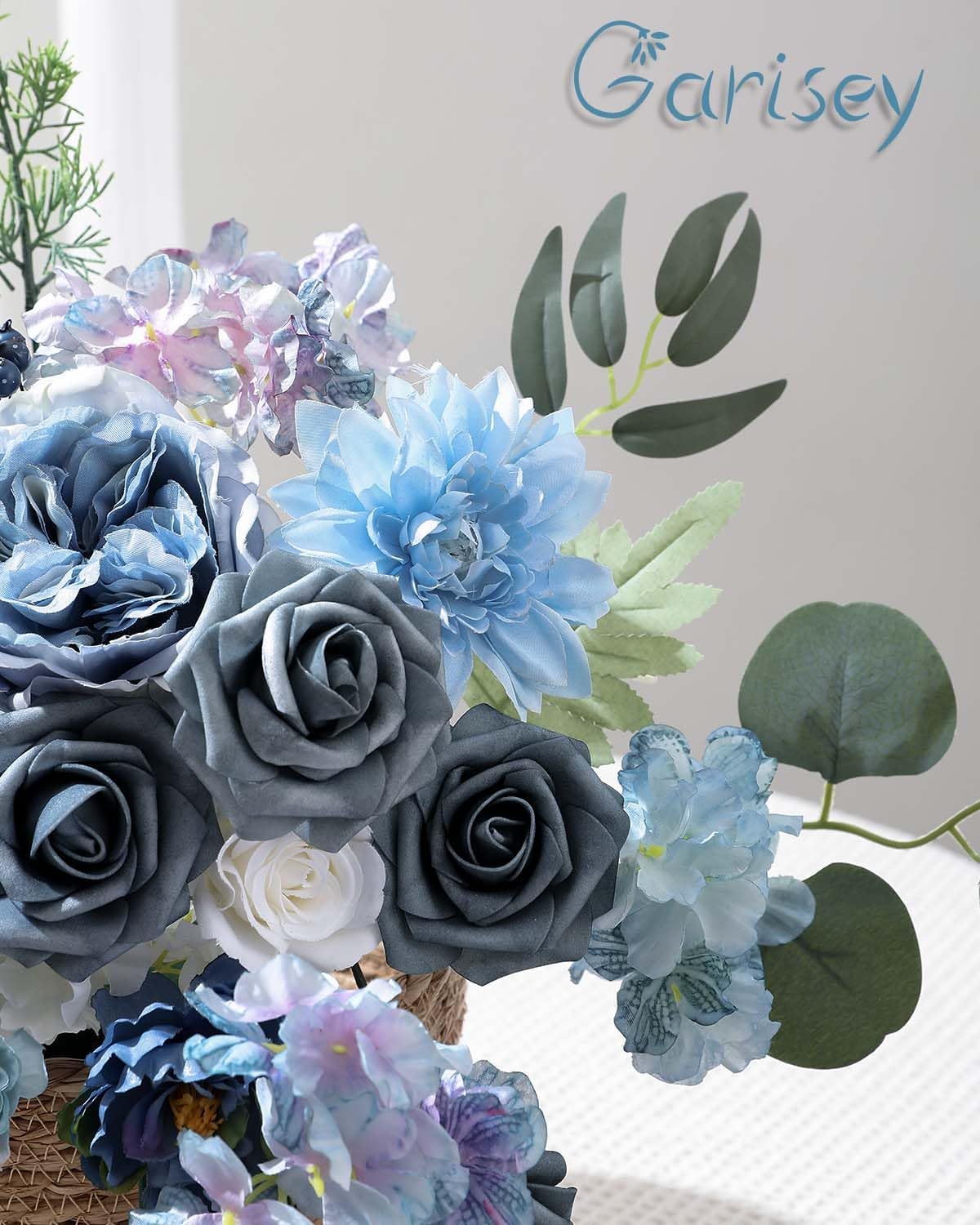 Artificial Flowers Combo Box Set Dusty Blue Flowers for DIY Wedding Bouquet Arrangements Bridal Shower Party Home Decorations(White Blue Rose)
