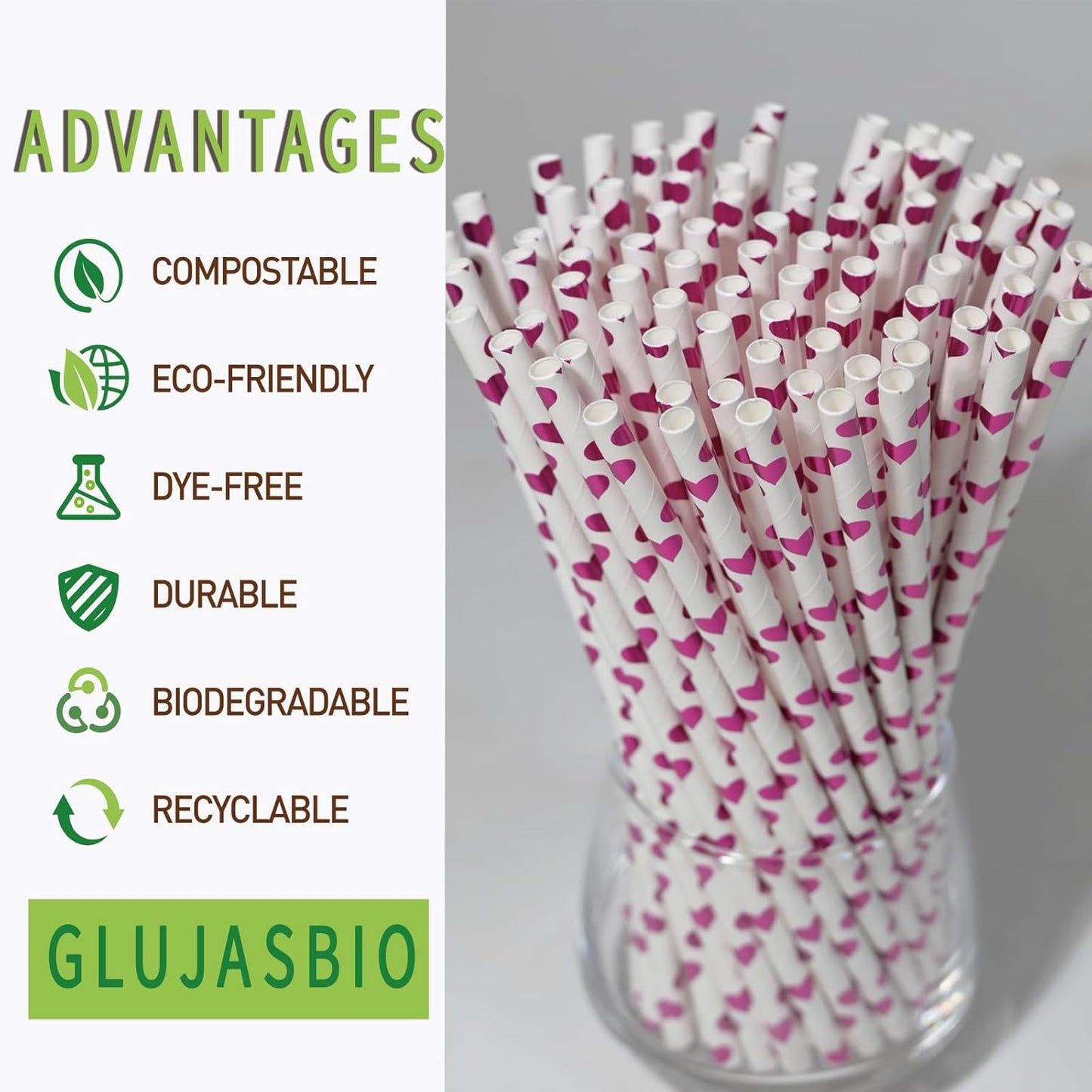 Paper Straws, Disposable Drinking Straws Biodegradable 7.75 inch,for Wedding Birthday Decorative Holiday Party Supplies - 100 Count, Foil Rose Pink Heart