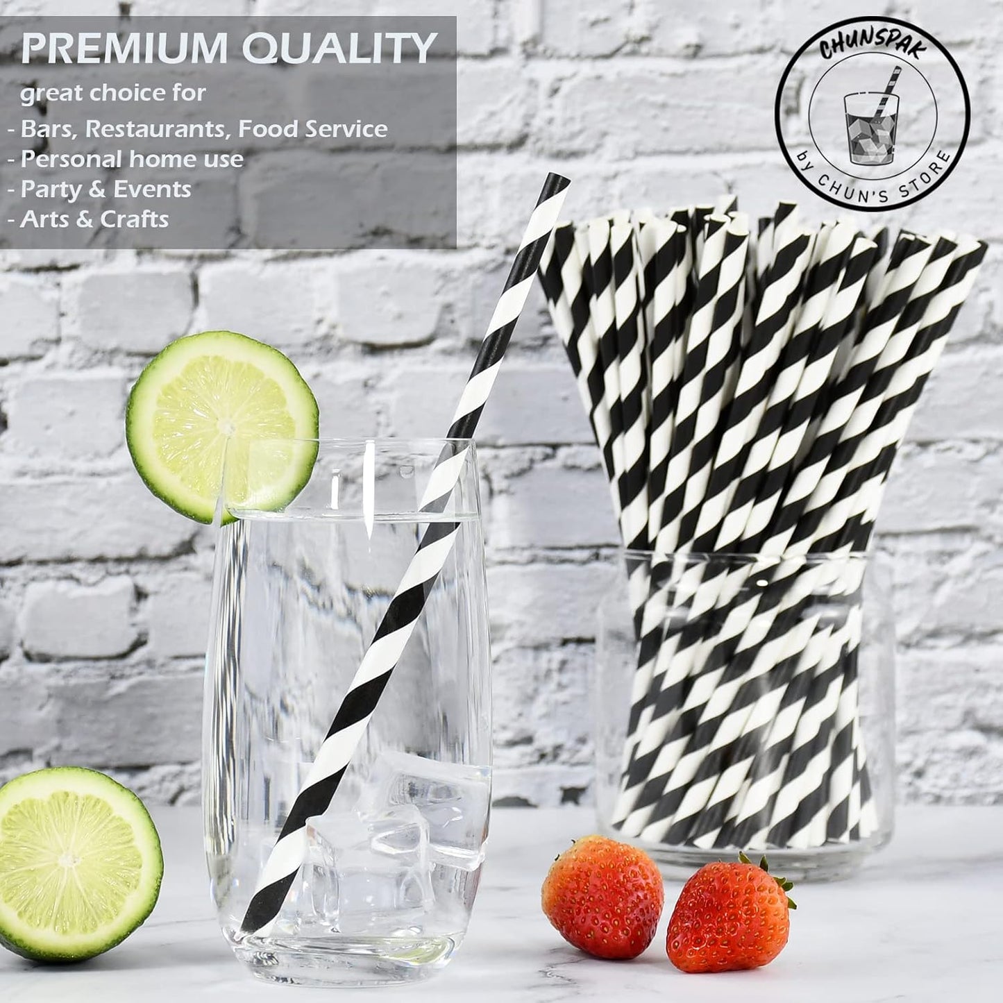 7.75'' Disposable Paper Drinking Straws Bulk, Black and White Striped - Unwrapped, Pack of 1000