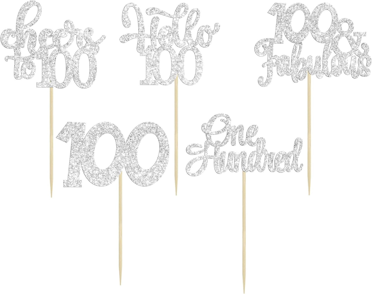 30pcs Happy 100th Birthday Cupcake Toppers - Silver Glitter One Hundred Cheers to 100 Years Old Cupcake Picks for Anniversary Party Cake Decorations