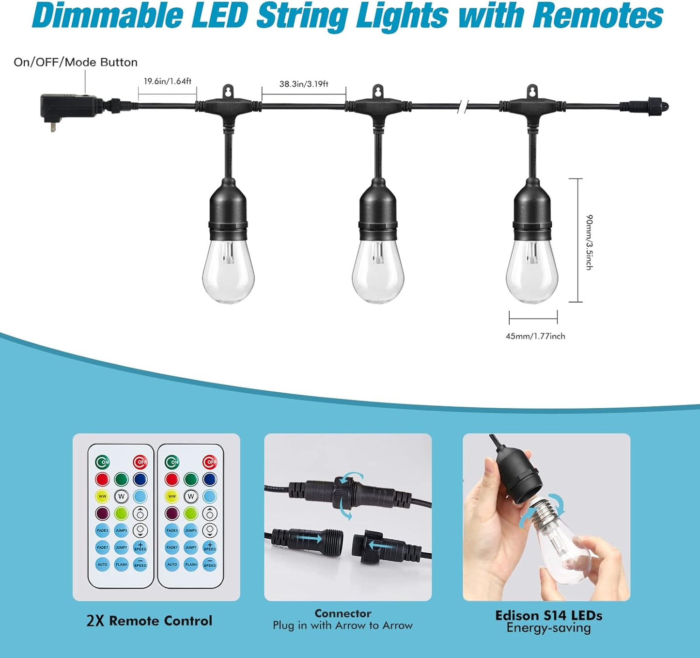 96FT Solar Outdoor String Lights, 30 Shatterproof Edison LED Bulbs, Dimmable RGB Color Changing Patio Lights Waterproof with Remote. for Patio Decor, Garden, Yard,Commercial Use.