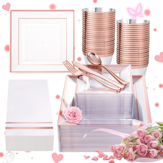 Festiva 350Pcs Rose Gold Plastic Plates - Clear Rose Gold Disposable Dinnerware Sets for 50Guests include 100 Plates 50 Cups 50Plastic Cutlery 50Napkins Perfect for Party&Wedding&Mother's Day