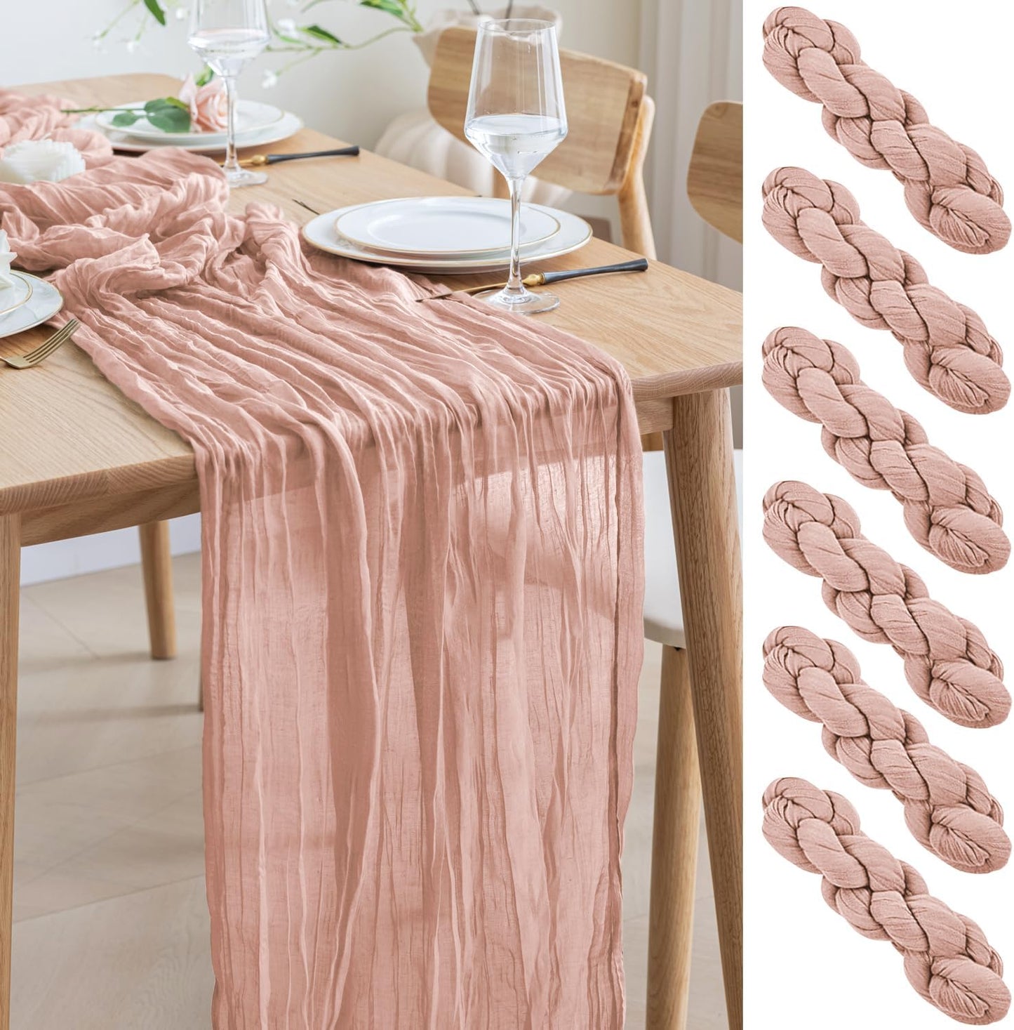 Asee'm 6PCS Table Runner Cheesecloth 10FT Dusty Pink Boho Gauze Fabric Rustic Sheer Cheese Cloth Runners for Wedding Bridal Shower Party
