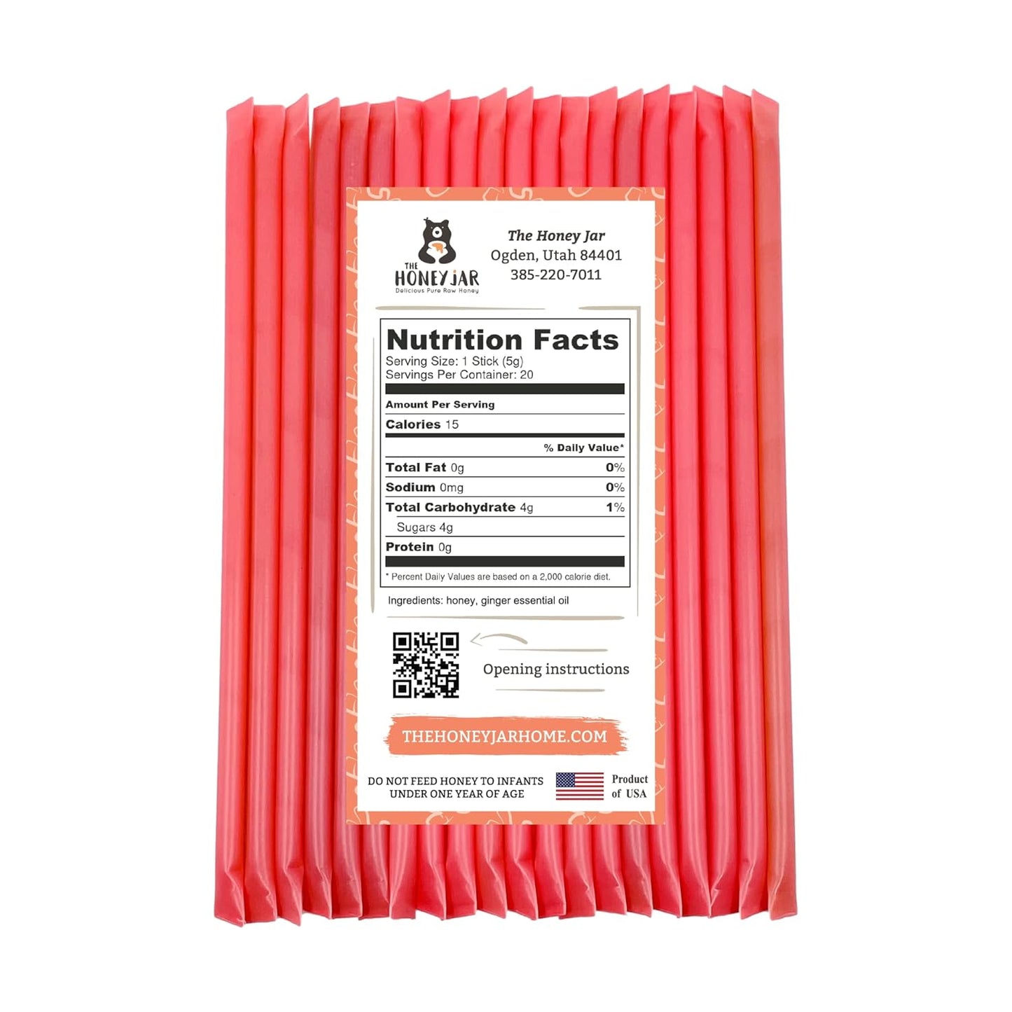 The Honey Jar Ginger Flavored Honey Sticks - Pure Honey Straws For Tea, Coffee, or a Healthy Treat - One Teaspoon of Flavored Honey Per Stick - Made In The USA with Real Honey - (20 Count)