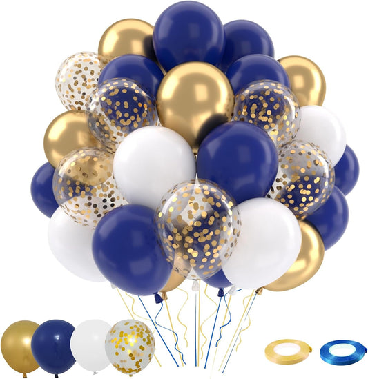 Patimate Navy Blue Gold Balloons Set, 50 pcs 12 inch Metallic Gold Navy Blue White Confetti Latex Balloons Kit for Birthday Baby Shower Graduation Party Decorations