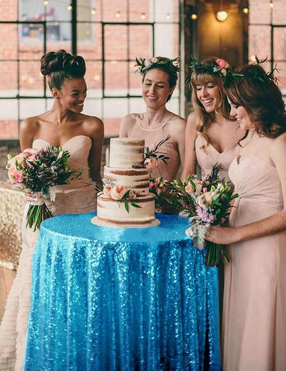 QueenDream Aqua Blue Tablecloth 90 x 156 Inch Sequin Tablecloth for Party Decorations Glitter Tablecloth for Bridal Baby Shower Wedding