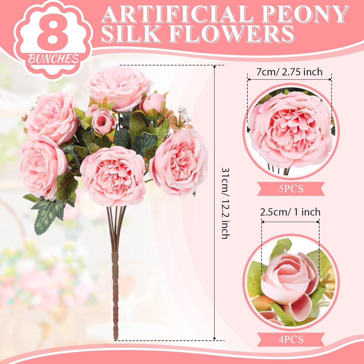 8 Bundles Artificial Peonies Flowers Boho Faux Flowers Arrangements Artificial Centerpiece Spring Bouquet Floral Wedding Decoration for Vase(Pink)