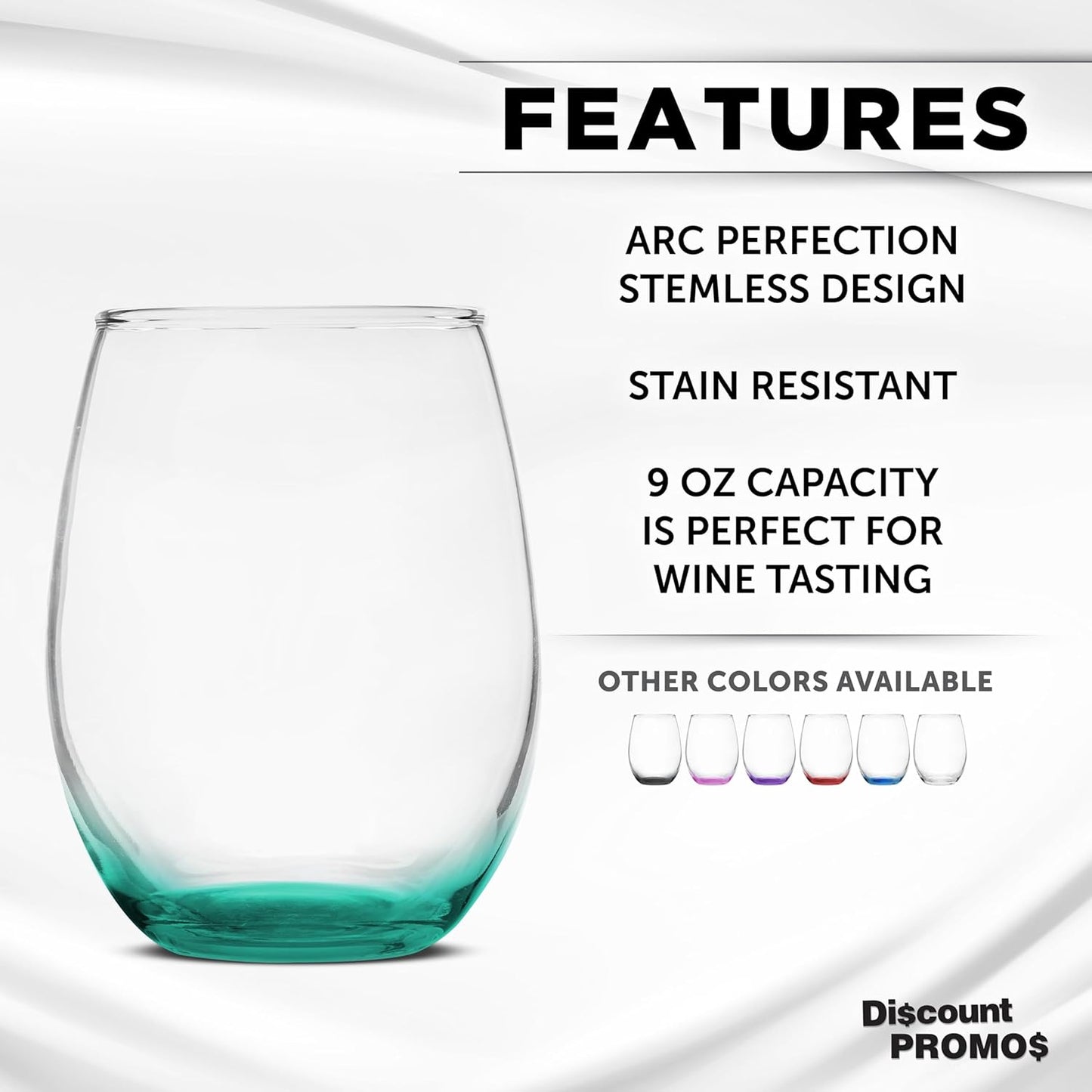 DISCOUNT PROMOS Stemless Wine Glass 9 oz. Set of 10, Bulk Pack - Great for Wedding Favors, Bachelorette Party and More - Green Bottom Color