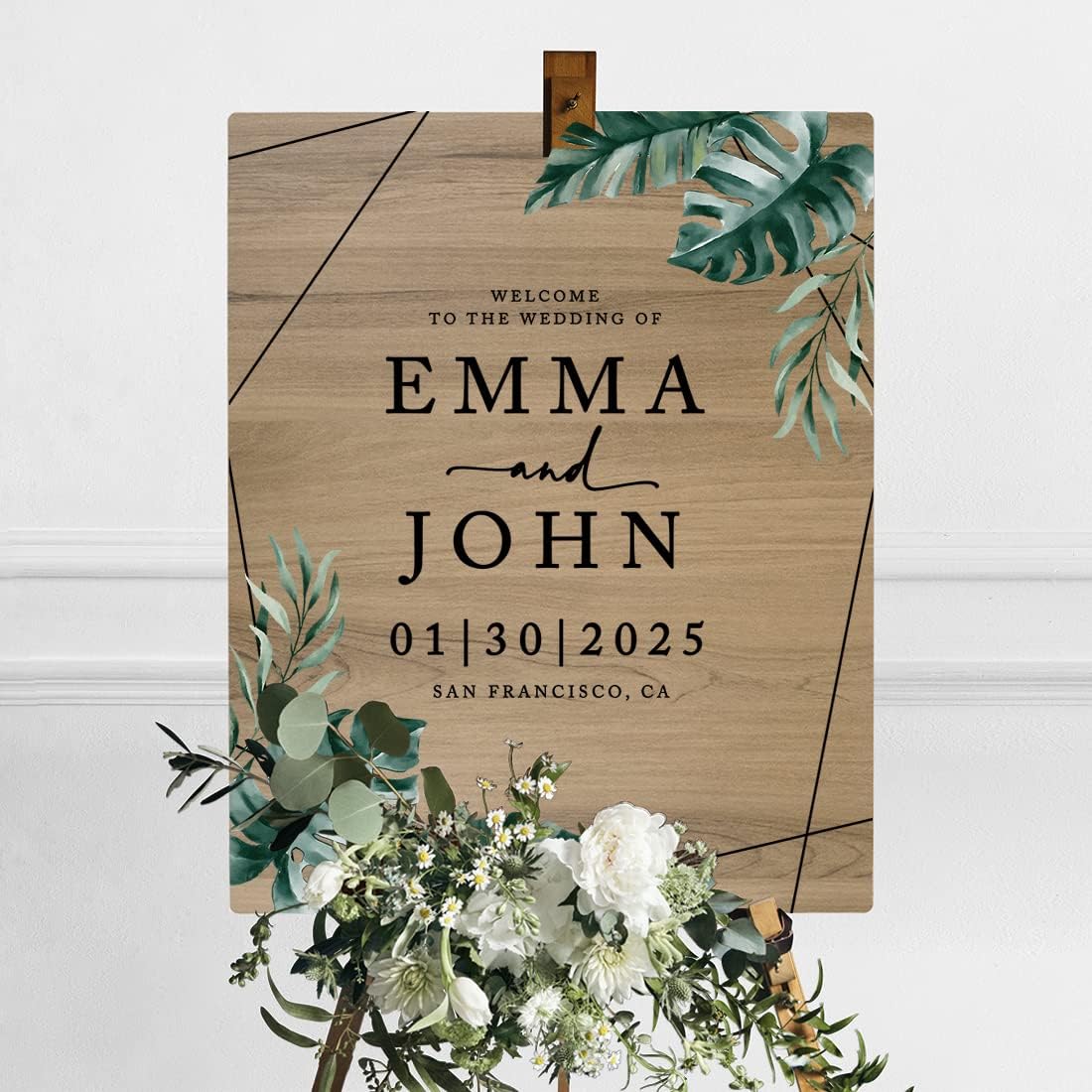 Andaz Press Large Wooden Welcome Sign for Wedding, Rustic Welcome Sign 16" x 20" Custom Names Tropical Monstera Palm Wedding Signage English Oak MDF Wood Finish Wedding Reception Indoor Outdoor Signs