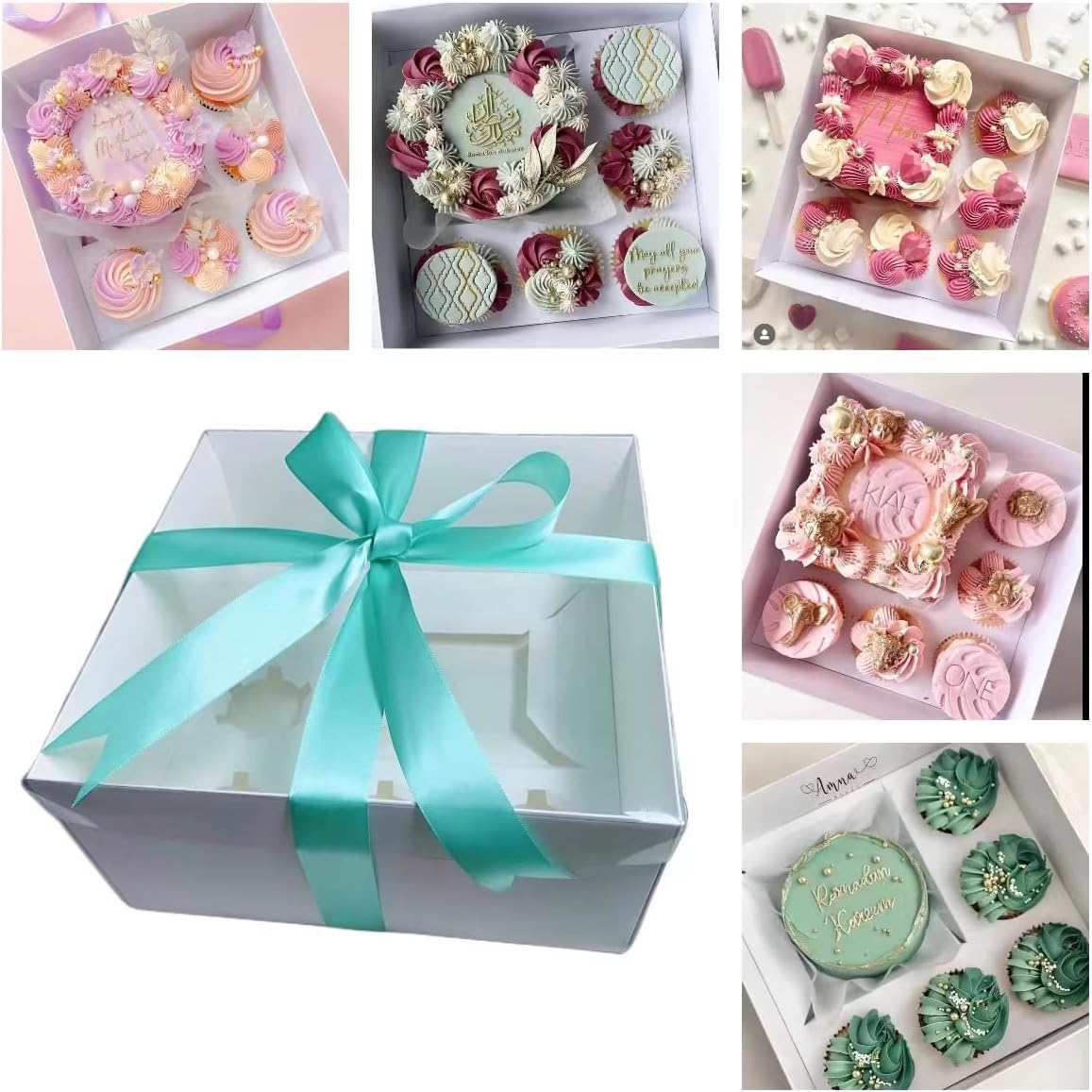 Bento Cake and Cupcake Box 2-in-1 4-inch Cake and 5 Cupcakes Box 5 Sets with One Wide Roll of Ribbon for Family Dinner Birthday Party Picnic Gift (TB02)