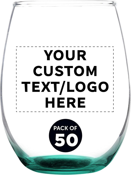 Custom Stemless Wine Glass 9 oz. Set of 50, Personalized Bulk Pack - Great for Wedding Favors, Bachelorette Party Decorations, Party Favors, Color Bottom - Green