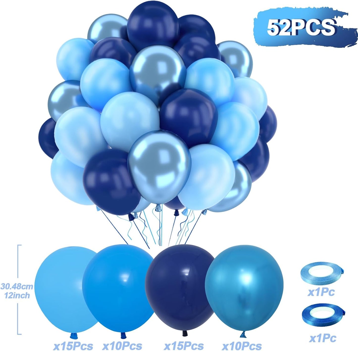 Patimate Blue Balloons Set, 50 pcs 12 inch Metallic Navy Blue, Pastel Light Blue Latex Balloons Kit for Happy Birthday Baby Shower Wedding Party Decorations for Men Boy