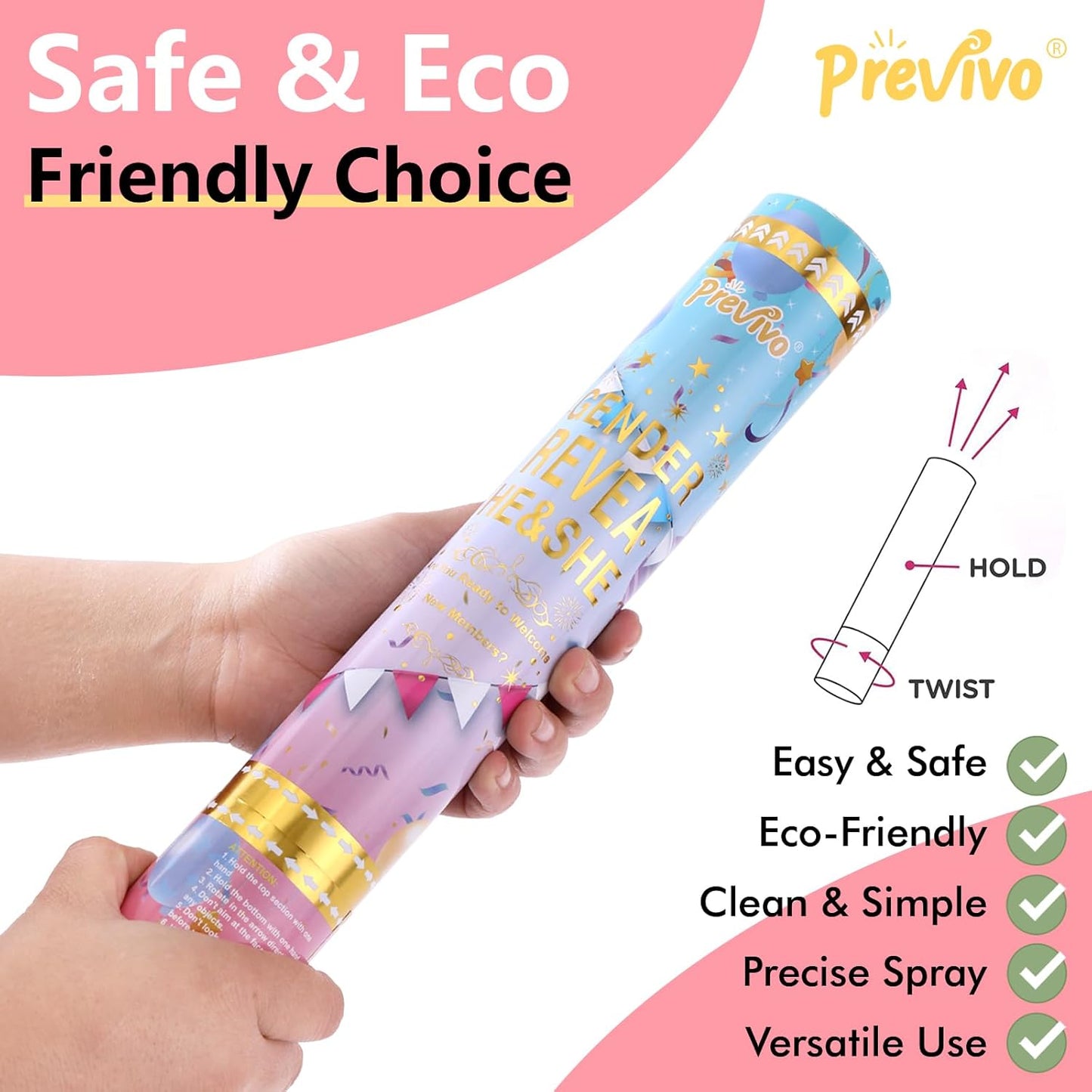 Previvo Gender Reveal Confetti Powder Cannon - 2 Pack Pink Baby Gender Reveal Poppers - 100% Biodegradable Powder Smoke - Ideas Party
