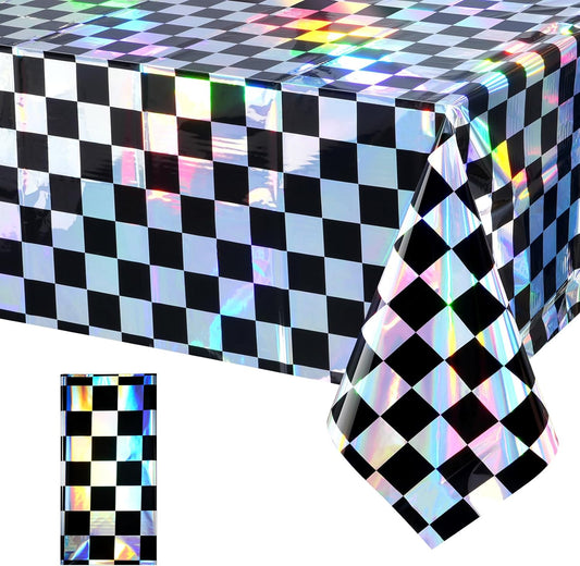 1Pack Black and Iridescent Checkered Plastic Tablecloth, Shiny Disposable Laser Rectangle Table Covers, Holographic Foil Tablecloth Iridescent Party Decorations for Picnic Camping Race Car, 54x108Inch
