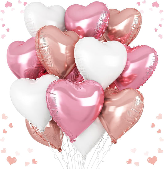 Pink White Heart Balloons, 18 Inch White Rose gold Heart Shape Balloon, 12PCS Pink and Rose Gold Helium Foil Heart Balloon for Birthday Baby Shower Engagement Wedding Valentine Party Decoration