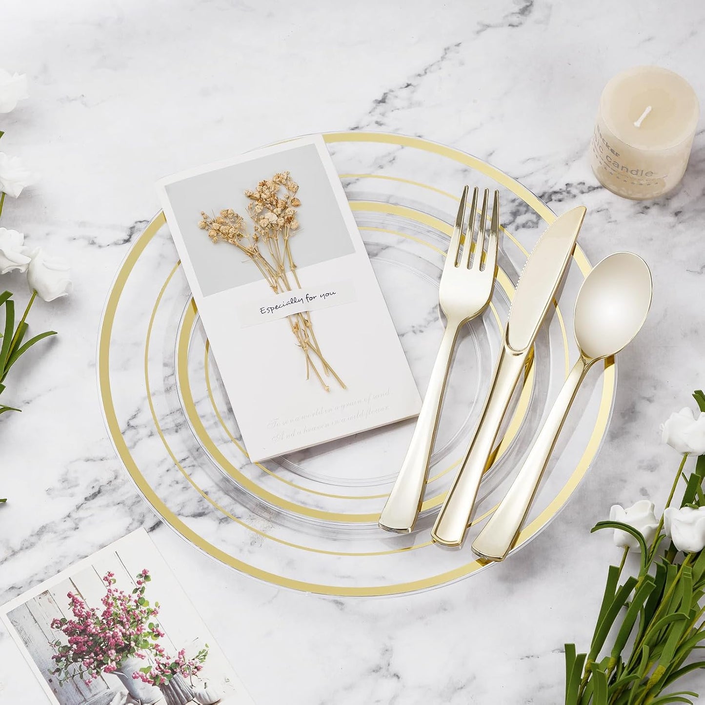 600PCS Clear Gold Plastic Plate Set (100 Guests), Plastic Plates for Party Wedding Birthday, Disposable Dinnerware Set of 200 Plates, 200 Forks, 100 Spoons, 100 Knives for Christmas