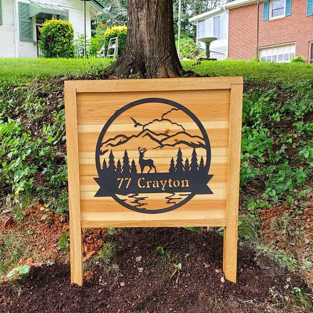 RealSteel Personalized Metal Wall Art - Circular Nature Scene with Mountains, Lake, Deer & Bird - Custom Name on Banner - Outdoor Landscape Decor for Home & Gifts - Black, 30"