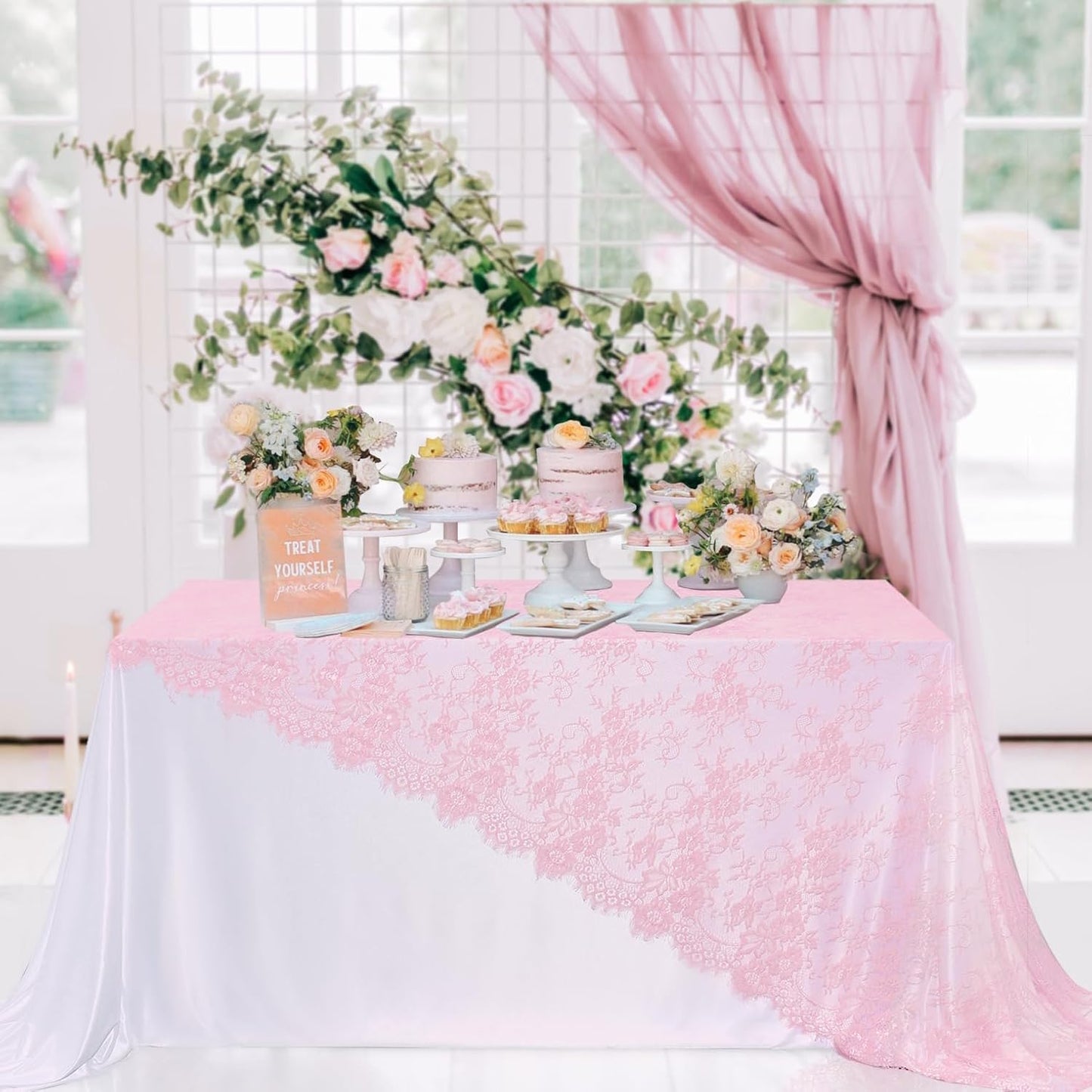 LuoluoHouse Pink Lace Table Cloth 60x120inch 2Pcs for Decorations Wedding Baby Shower