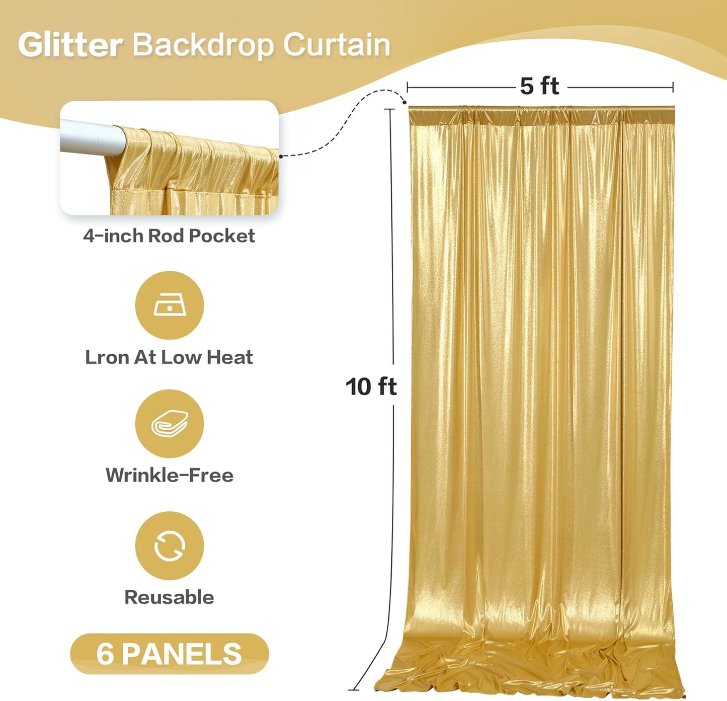 gogoparti 30x10FT Gold Sequin Backdrop Curtain - 6 Panels of 5x10FT Wrinkle-Free Glitter Drapes for Photography, Birthdays, Weddings & Graduations