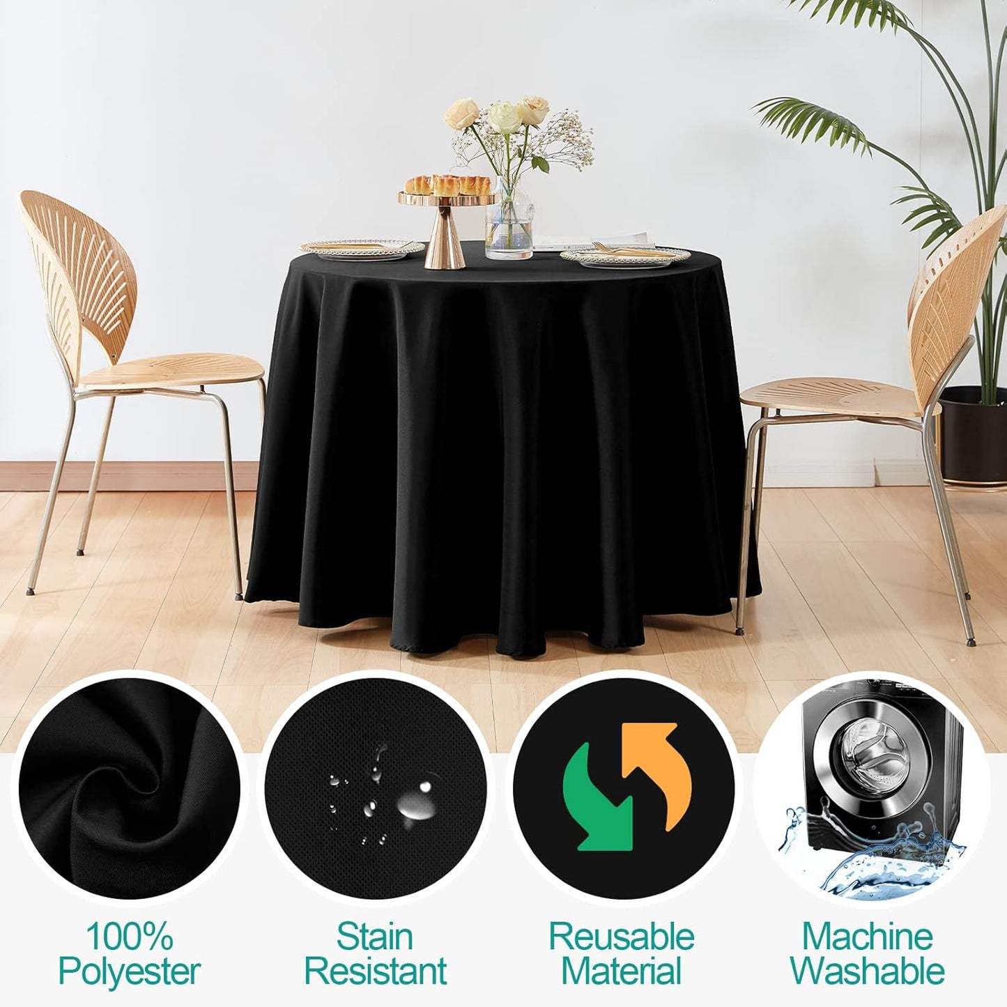 EMART Round Tablecloth Black (6 Pack) 120 inch Circular Polyester Table Cover for Wedding Decor, Birthday Party, Banquet and Formal Events