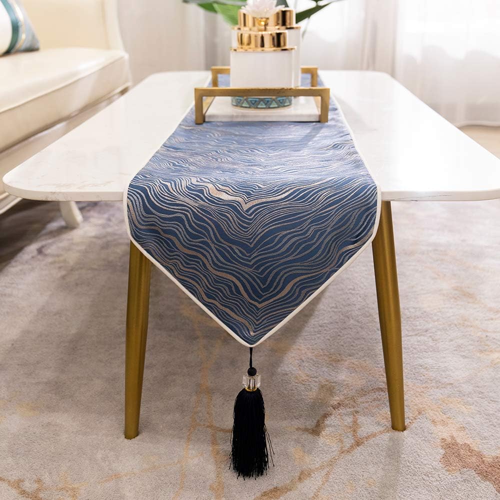 Avigers 12 x 108 Inch Decorative Luxury Abstract Striped Navy Blue Table Runners with Tassels for Home Living Room Bedroom Art Decor Wedding
